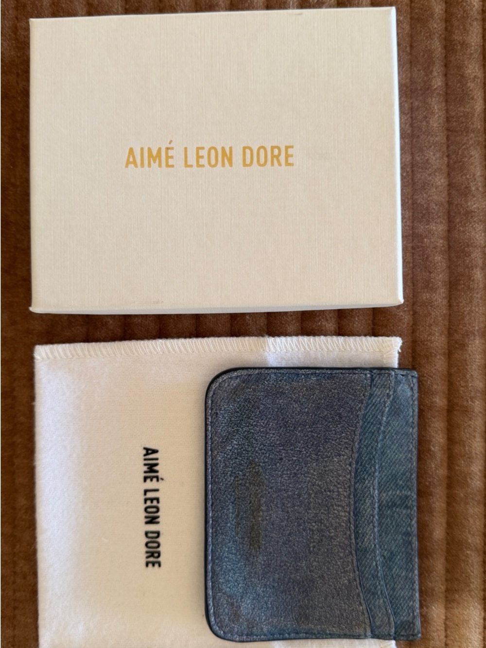 AIMÉ LEON DORE  Leather Card Holder in Blue wash denim